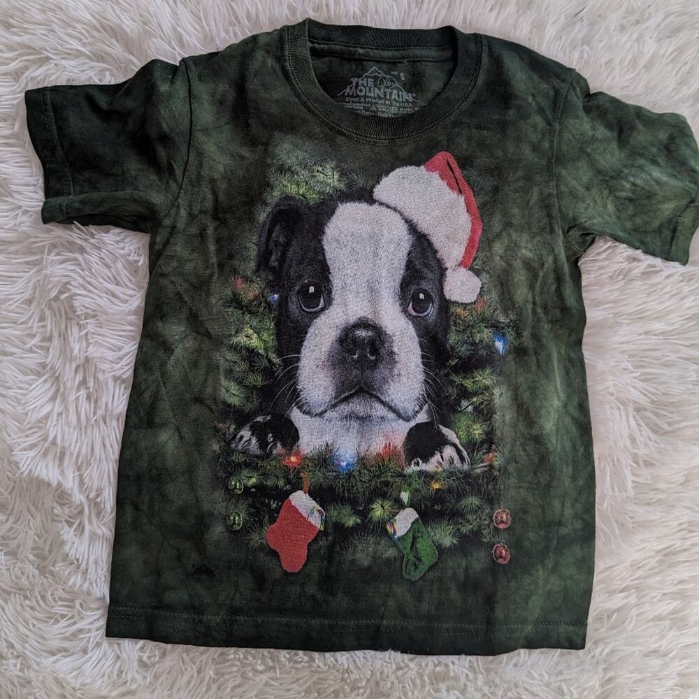 Unisex Christmas Boxer Puppy Kids Green Tie Dye Shirt Santa Hat Small - Picture 1 of 4